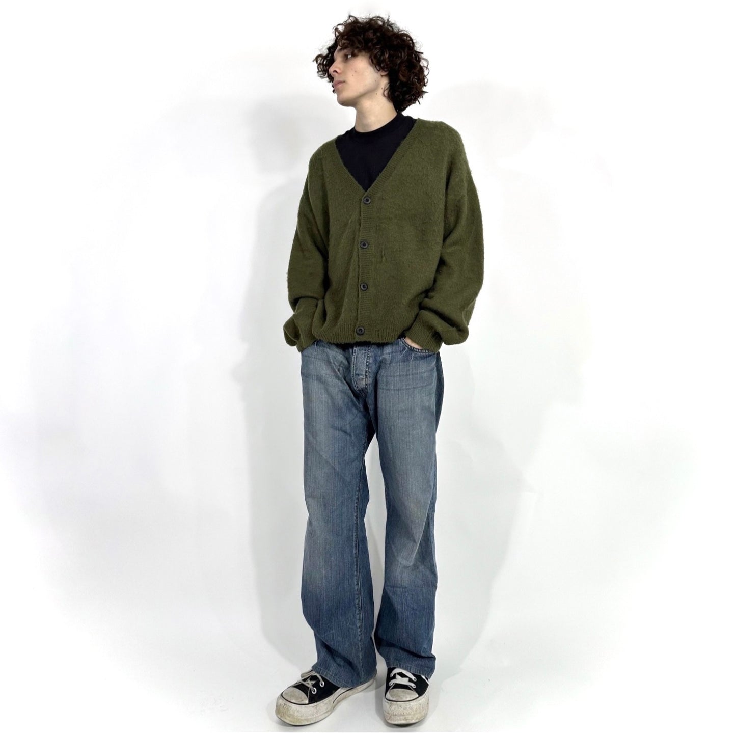 BRUSHED BACK MOHAIR CARDIGAN - MOSS GREEN